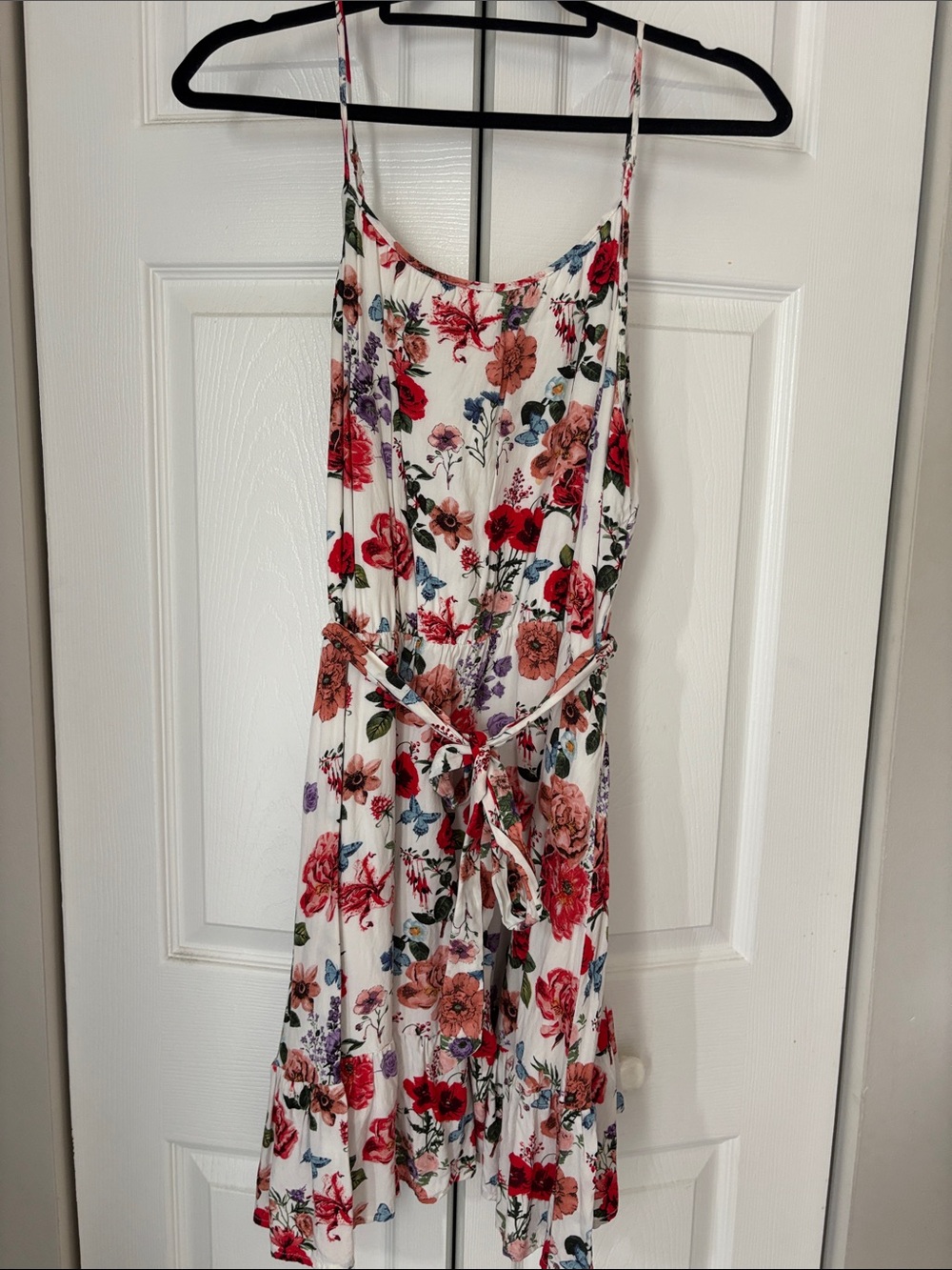 Floral Tie-Waist Spaghetti Strap Dress - White with Red & Pink Blossoms